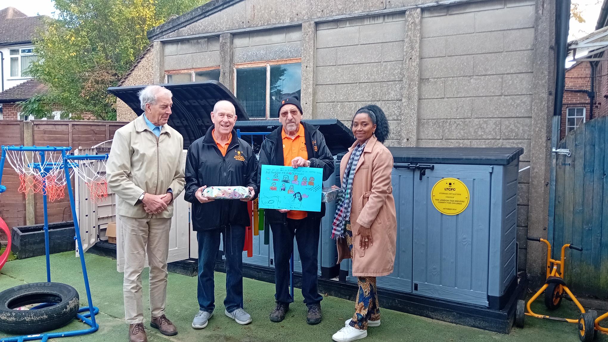 Pictured from right to left Nalini Thakur Leader of the pre-school Alan Cohen, Malcolm Shaffron and Richard Boulton Chair of the pre-school.